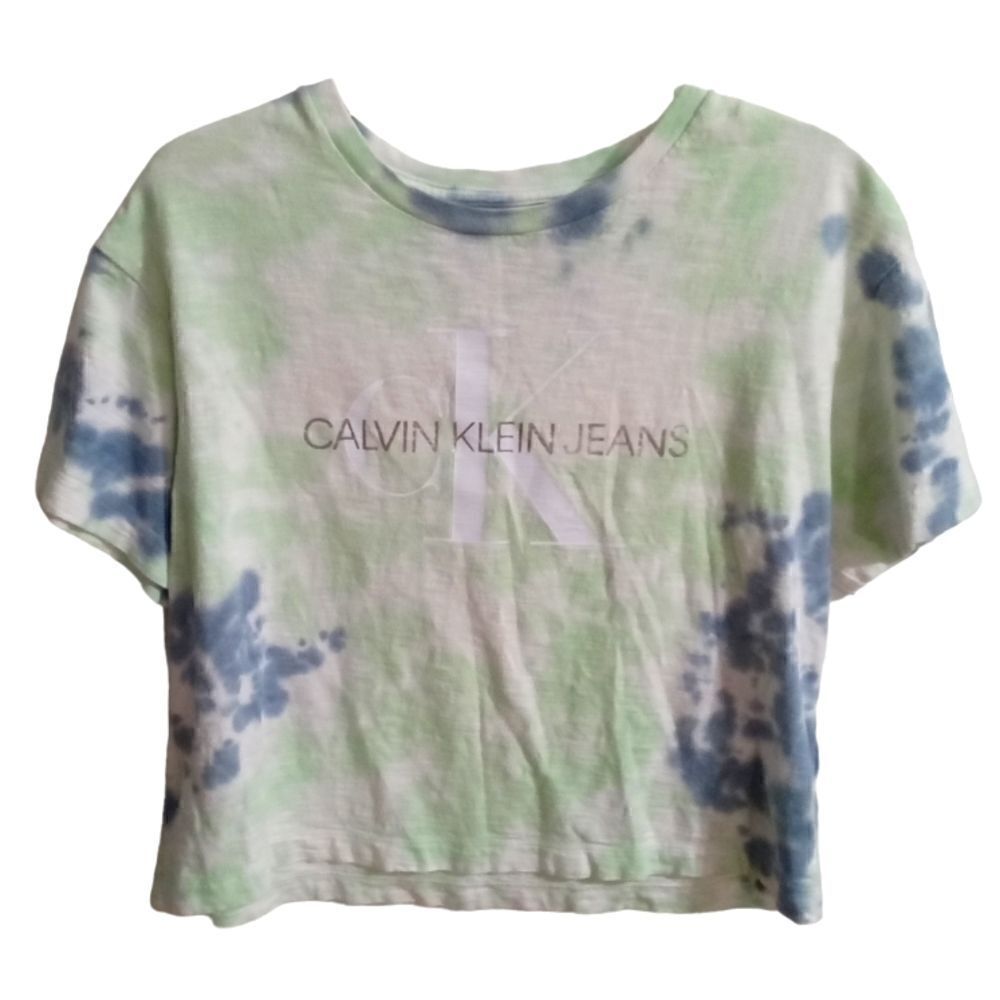 Calvin Klein Cropped Tie Dyed Tee Shirt Size S Mint Blue White